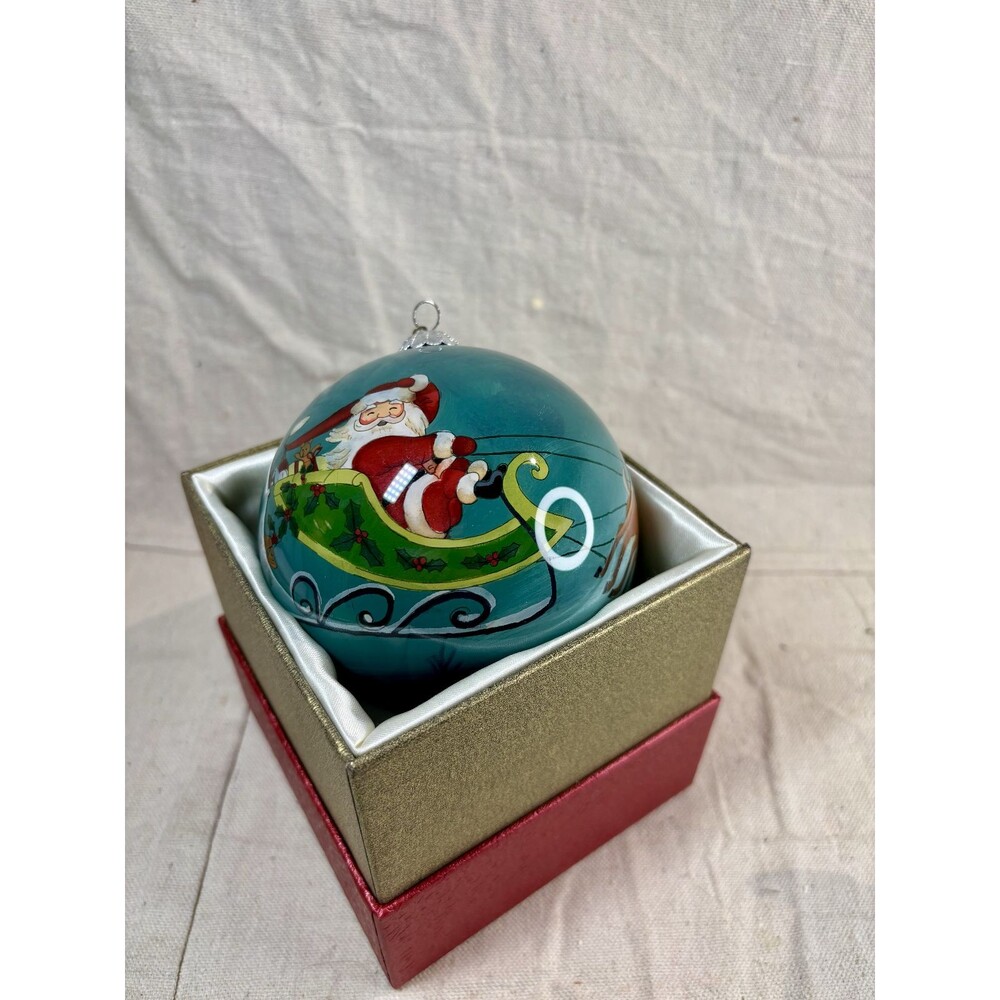Pier 1 2015 Santa Sled Glass Christmas Ornament Reverse Hand Painted Li Bien